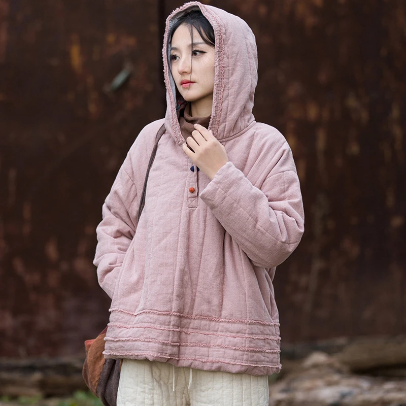 

Cotton Linen Hooded Quilted Coats Women New 2025 Winter Vintage Style Solid Color Female Thick Warm Casual Outerwear M2087