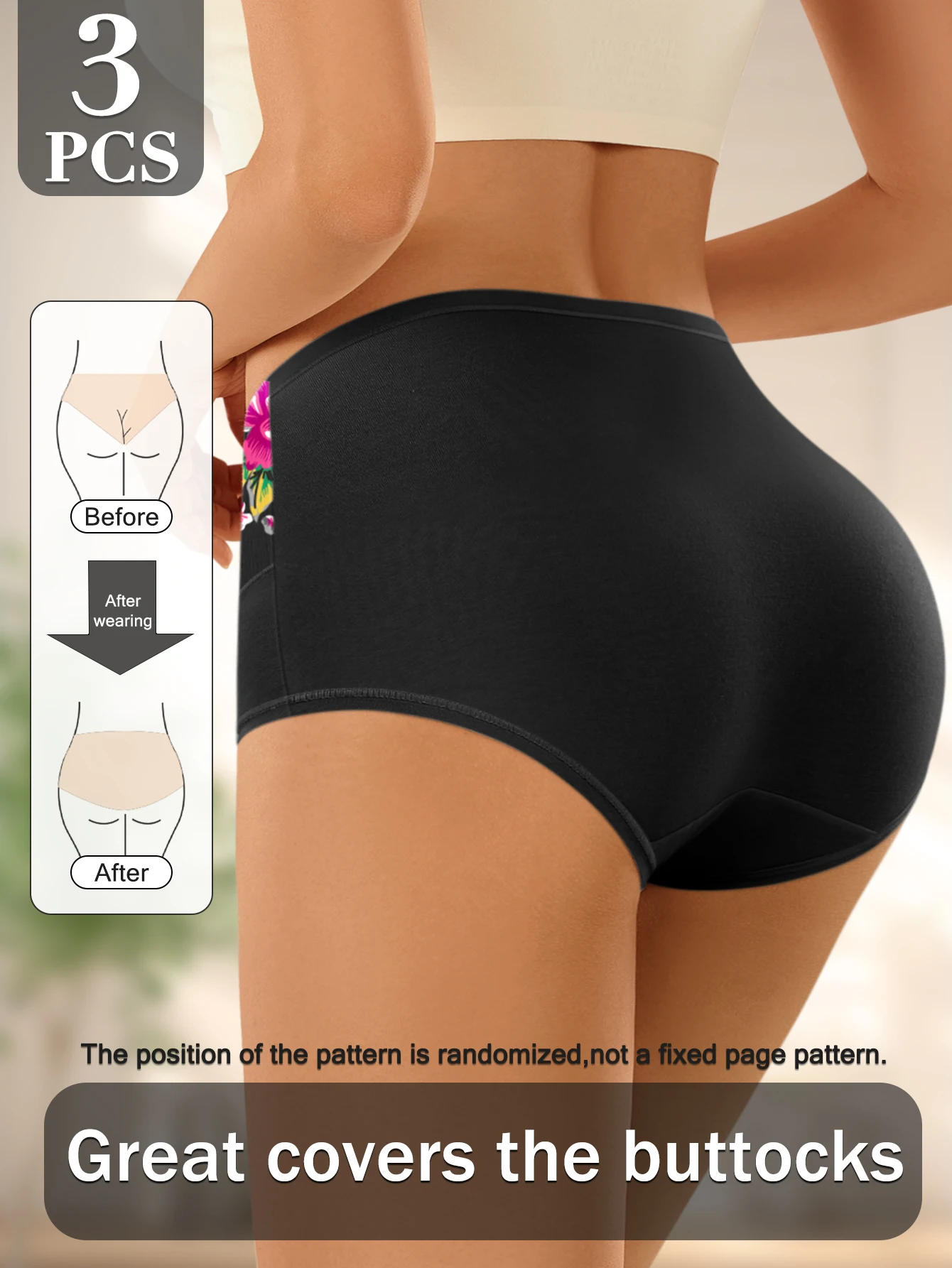 3 قطع ملابس داخلية نسائية قطنية عالية الخصر مطبوعة ملابس داخلية قابلة للتنفس صديقة للبشرة بدون حمالات مناسبة للارتداء اليومي #3
