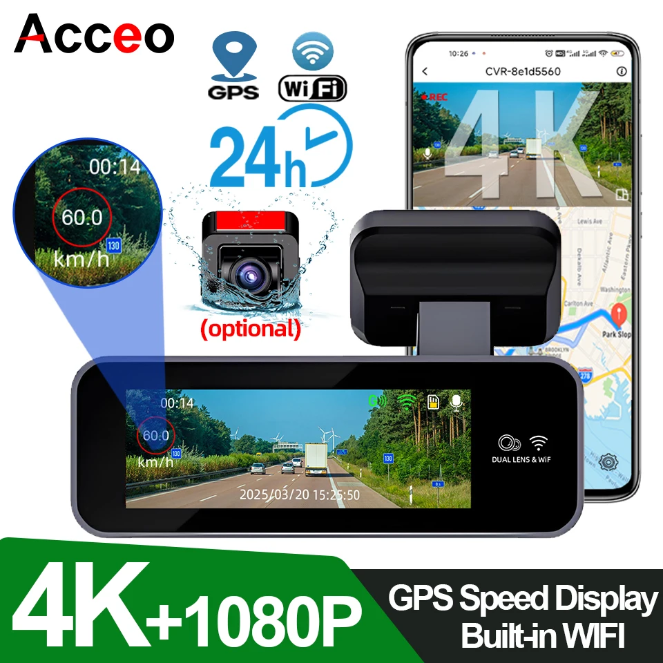 

ACCEO B63 4K Dashcam Buiil-in WIFI Video Recorder Night Vision 1080P Car Rear Camera CAR DVR Support GPS Dual Lens 24H Parking