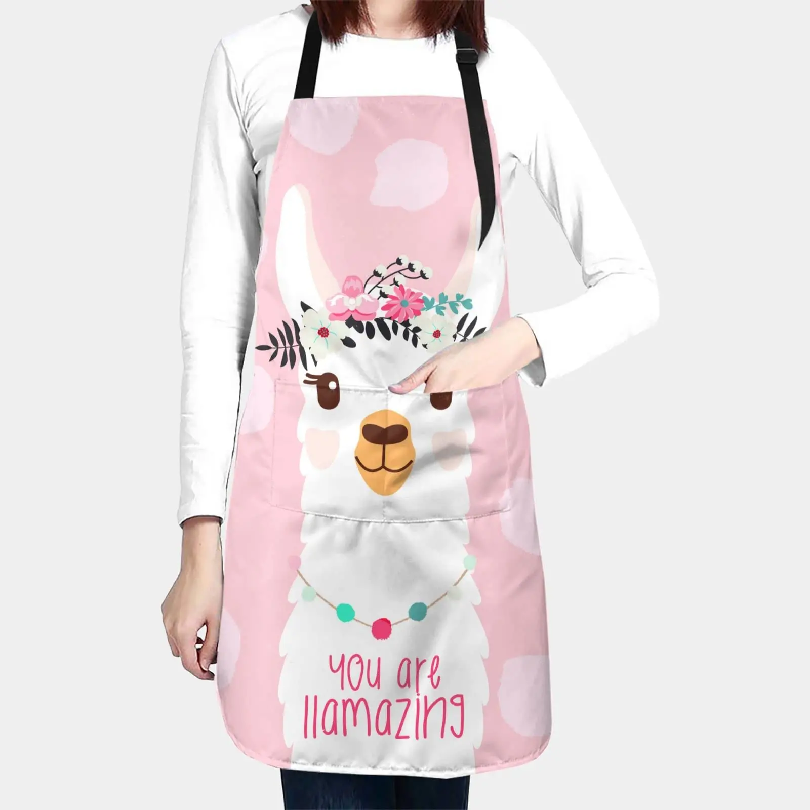 Cute Llama Alpaca Apron Adjustable Bib Aprons With 2 Pockets For Men Women Chef Waterproof Decorative For Kitchen Cooking