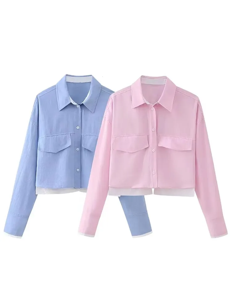 

Spring New Women Elegant Solid Sweet Patchwork Blouse Single Breasted Long Sleeve Shirt Fashion Female Chic Cropped Tops