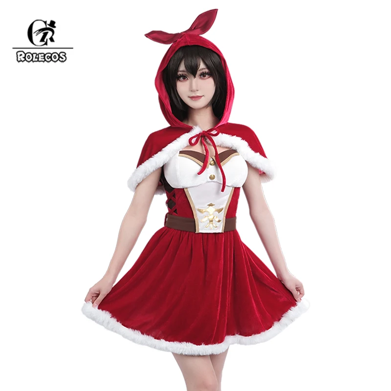 

ROLECOS Amber Christmas Costume Genshin impact Amber Sexy Cute Women Autumn Winter Cosplay Costume Red Plush Evening Dress