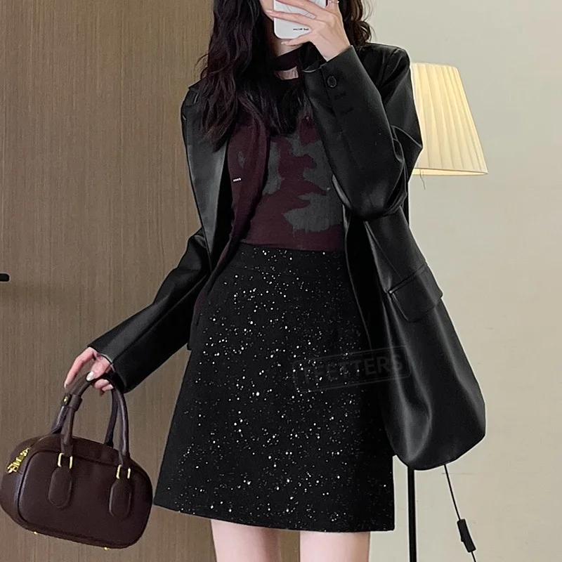 TFETTERS Women Glitter Woolen Mini Skirt Spring Autumn High Waist A Line Short Skirt Shining Sequin Wool Skirt Casual Streetwear