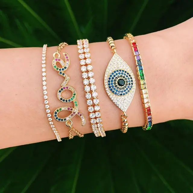 Party Gift 17cm Rainbow Cubic Zirconia European Women Lady Jewelry Micro Paved Bling Square Cz High Quality Cuff Bangle Bracelet