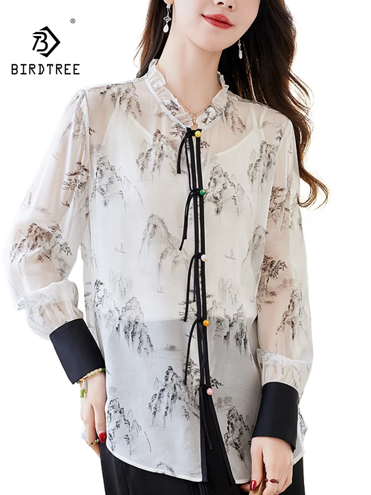 

BirdTree, 100%Real Silk Elegant Shirt, Women 2 Piece Set Ink Wash Print, Versatile Retro Loose Blouse 2024 Summer Fall T467137QC