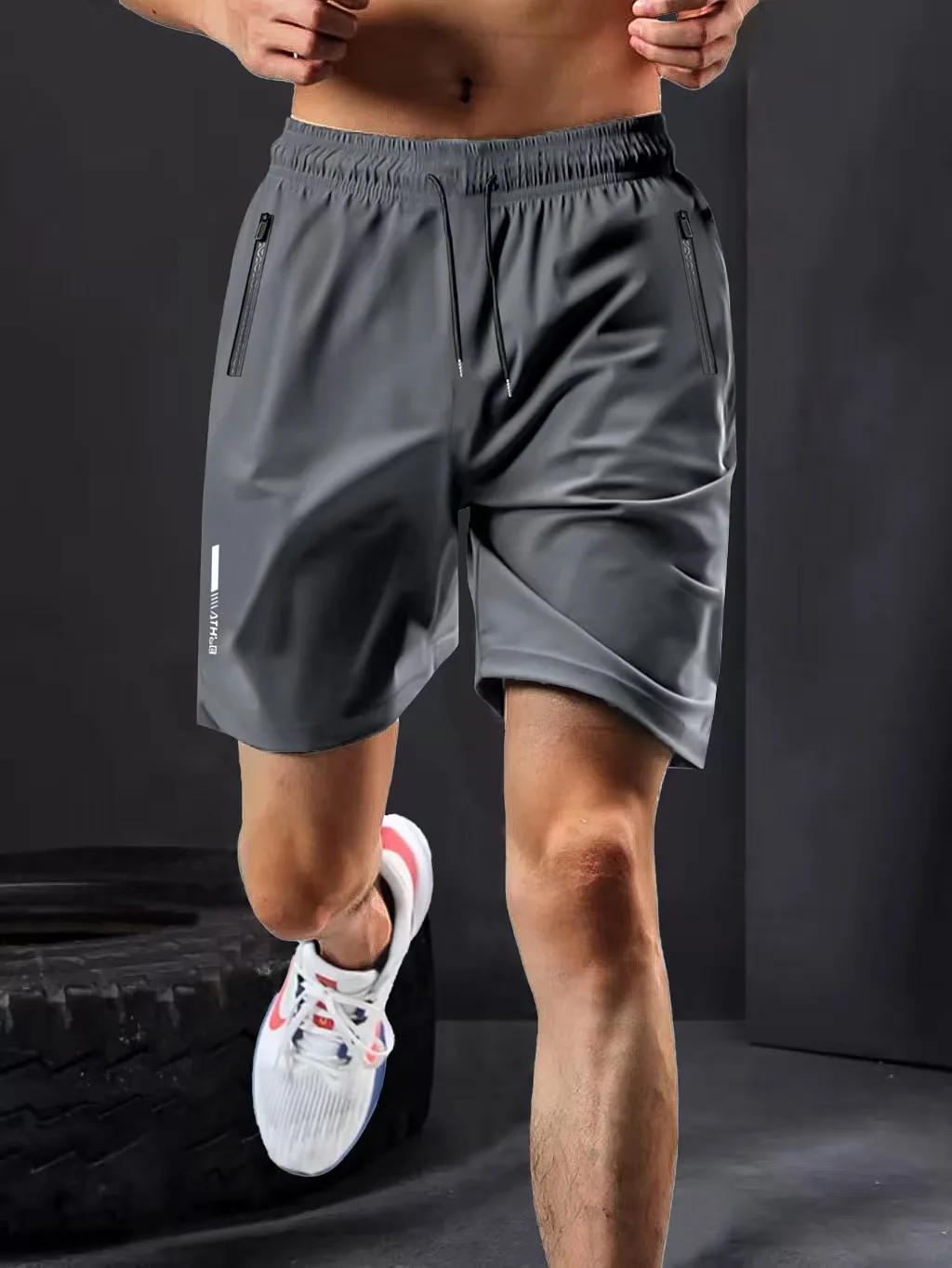 

Summer Ice Silk Waist Drawstring Zipper Pocket High Elastic Men's Outdoor Leisure Sports Fitness Shorts