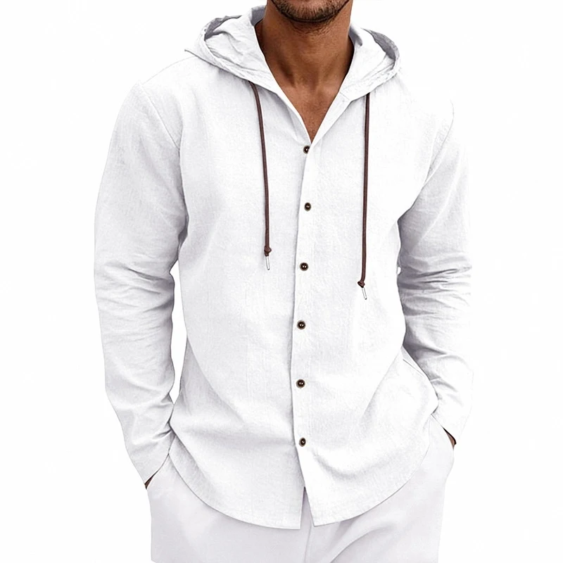 American style hooded linen shirt, multi-color plus size, lightweight breathable, men casual long sleeve top0.