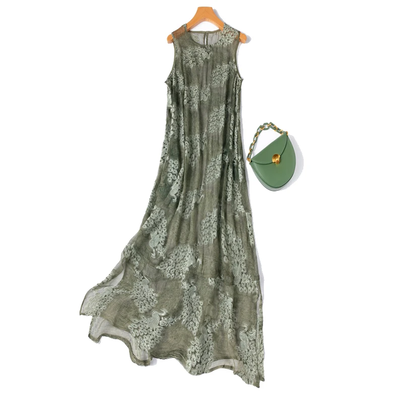 100% Mulberry Silk Women Tank Dress Transparent Green Peacock Embroidery Sleeveless Loose Type O Neck Midi Dress M1257