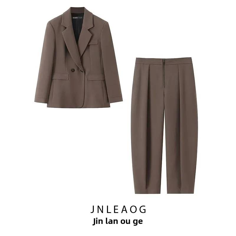 

Женский осенний костюм JNLEAOG: двубортный пиджак и брюки с молниями на манжетах, модный комплект из двух предметов, длинный рукав, стандартный крой.