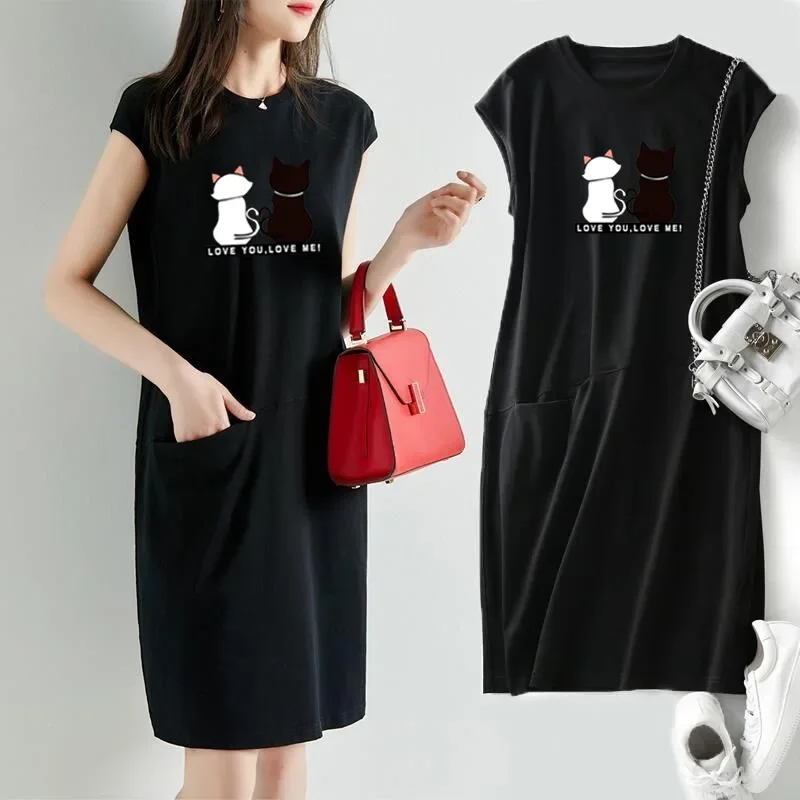 Frauen Sommer Kawaii Katze Druck Kleid Koreanische Mode Ästhetische Kleidung Casual Streetwear Schwarz Lose Midi Kleider für Frauen 2023