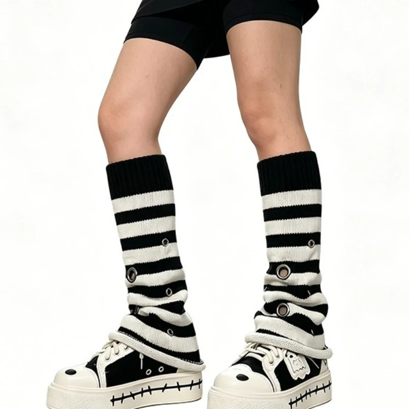 Y2K Metal Eyelet Knit Leg Warmers for Women, Grunge Punk Rivet Slouchy Long Leg Cuffs,Streetwear Spicy Girl Winter Boot Socks