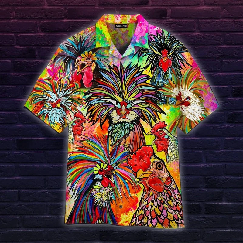 Summer Fashion Mens Hawaiian Shirts Short Sleeve Button Funny Chicken Printed Casual Beach Aloha Shirt Plus Size 6XL Hombre Ropa