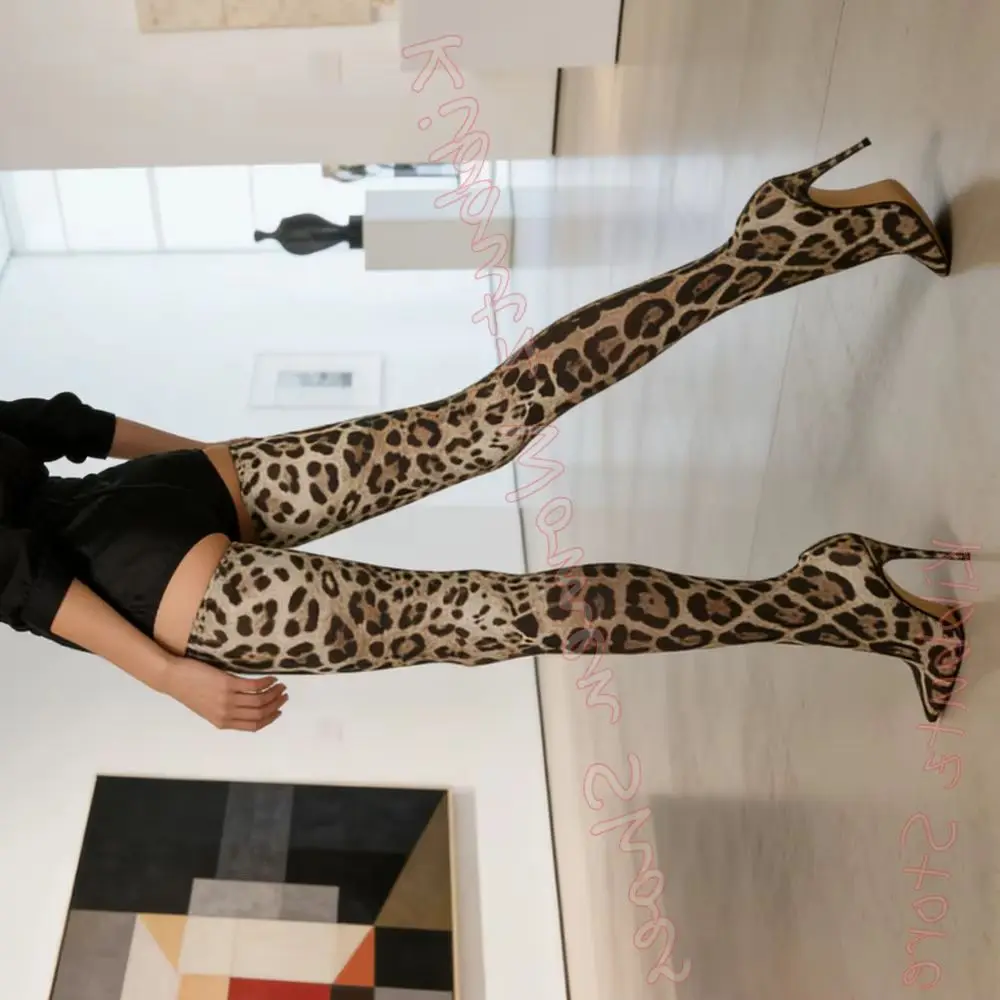 Stretch Fabric Boots Knee High Leopord Animal Prints Pointed Toe Thin Heels Runway Shoes for Women Fashion Sexy Hot Girl Concise