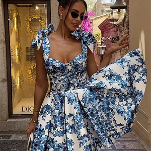 Vhıuat mavi çiçek baskı, güzel, zarif kapalı omuz mini evaze elbise, lace up kadın moda parti elbiseler, akşam, yaz 2024 8 en çok satılanlar, elbise, çiçekler, mavi-no. 7