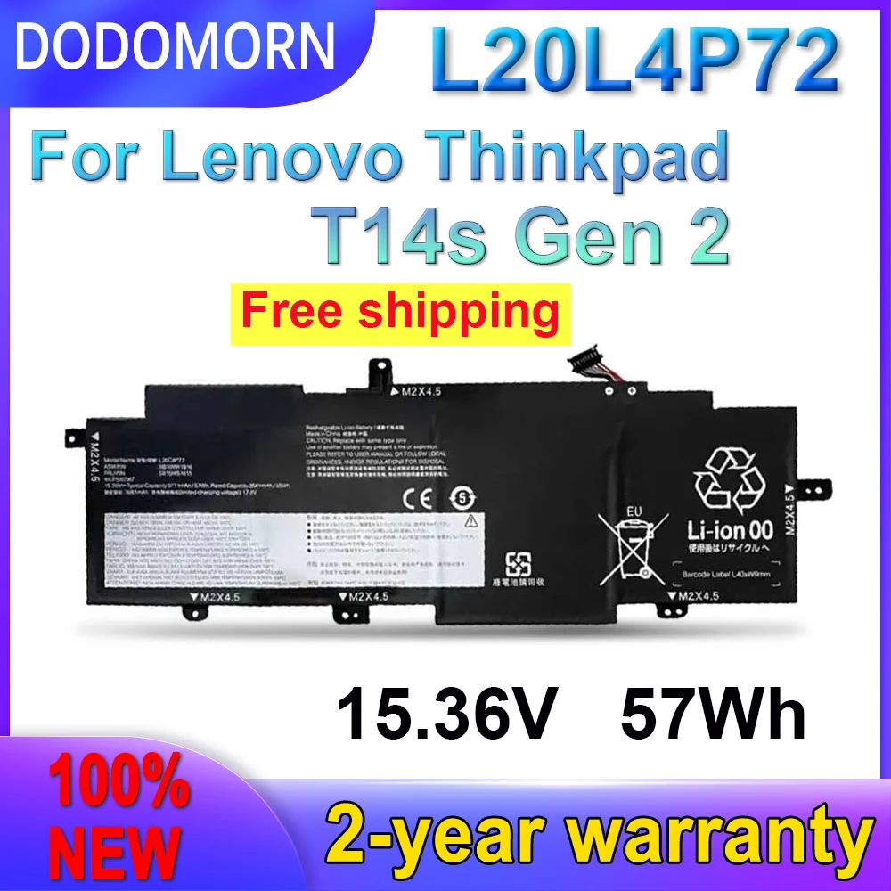 DODOMORN-Bateria para Lenovo Thinkpad, Bateria para T14s Gen 2, Série L20C4P72, L20L4P72, L20D4P72, 4ICP5/67/67, SB10W51913, Novo, Em estoque