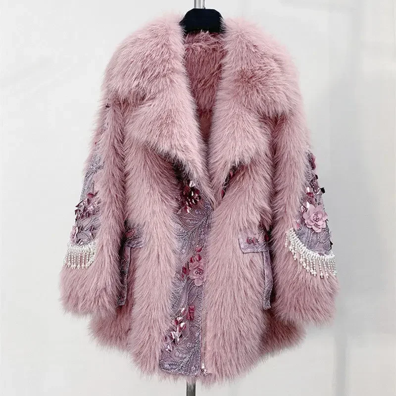 High Street Elegant Sweet All-matching 2022 Winter New Fur Integrated Sequined Diamonds Top Women's Lamb Wool Coat Fashion