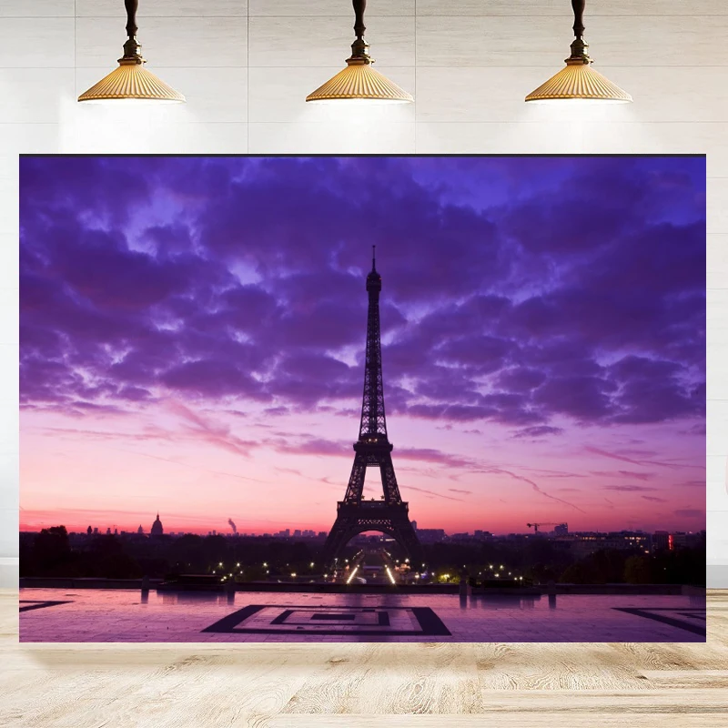 Paris Dusk Eiffel Tower Photography Backdrop Banner Photo Booth Props Paris Night View Wall Background Poster