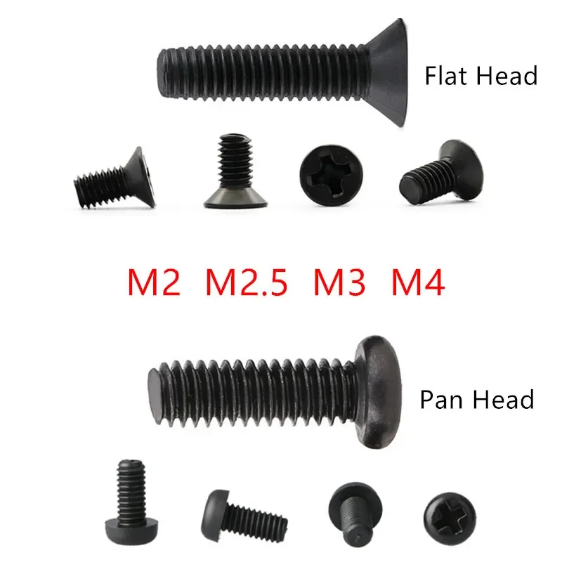 Phillips Screws M2/M2.5/M3/M4*3/4/5/6/8/10/12/16/20/30mm cross Flat/Pan Head Thread Metric Machine screw black finished bolt