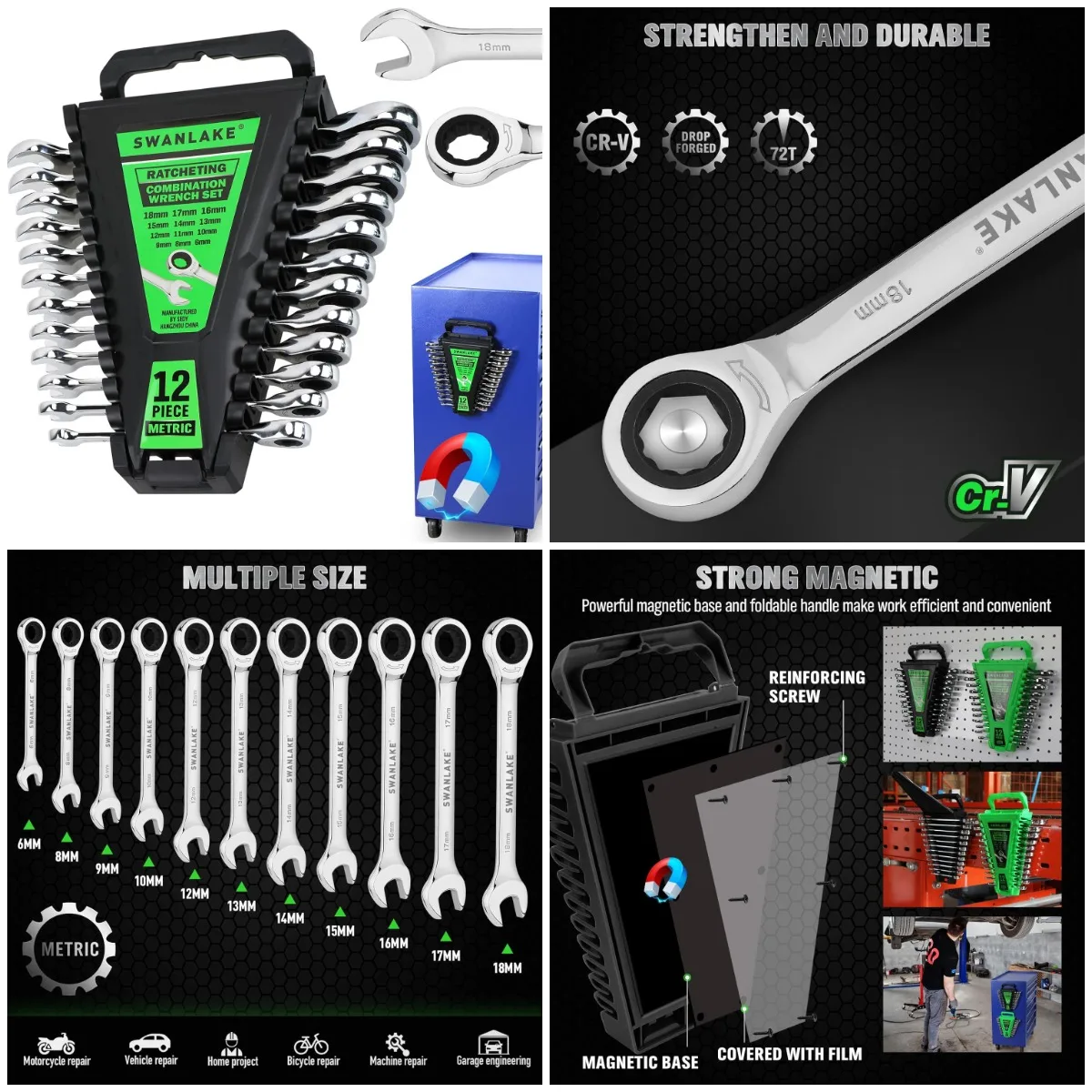 

12-Piece Metric Ratchet Wrench Set 6-18mm, 12-Point 72-Tooth, Magnetic Organizer, Chrome Vanadium Steel