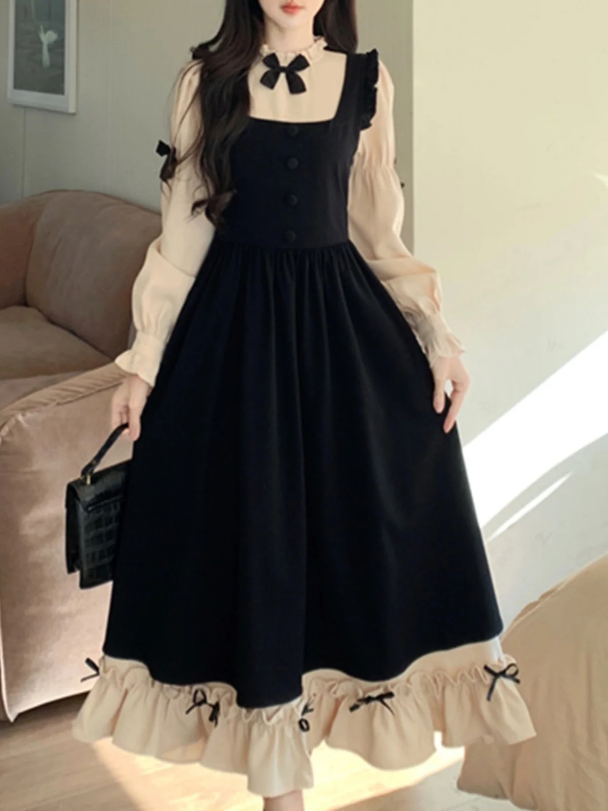 فستان لوليتا خفيف الوزن للربيع والخريف مقاس كبير على الطراز الياباني مكون من قطعتين مع حواف من الدانتيل وأشرطة كتف #5