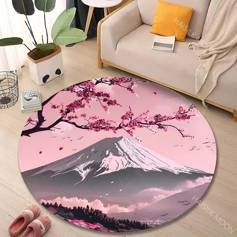 1PC Mount Fuji and Cherry Blossoms Print Round Carpet for Living Room Bedroom Sofa Table Floor Mat Area Rug Luxury Gift