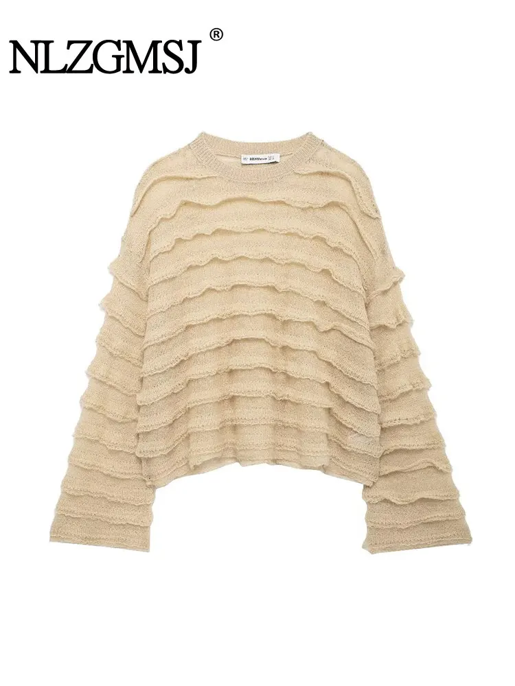 TRAF Autumn Women Fashion Stacked Decoration Semi Transparent Sweater Woman Knitted Autumn Casual Knitwear Pullover Top ﻿