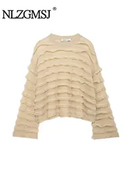 TRAF Autumn Women Fashion Stacked Decoration Semi Transparent Sweater Woman Knitted Autumn Casual Knitwear Pullover Top ﻿