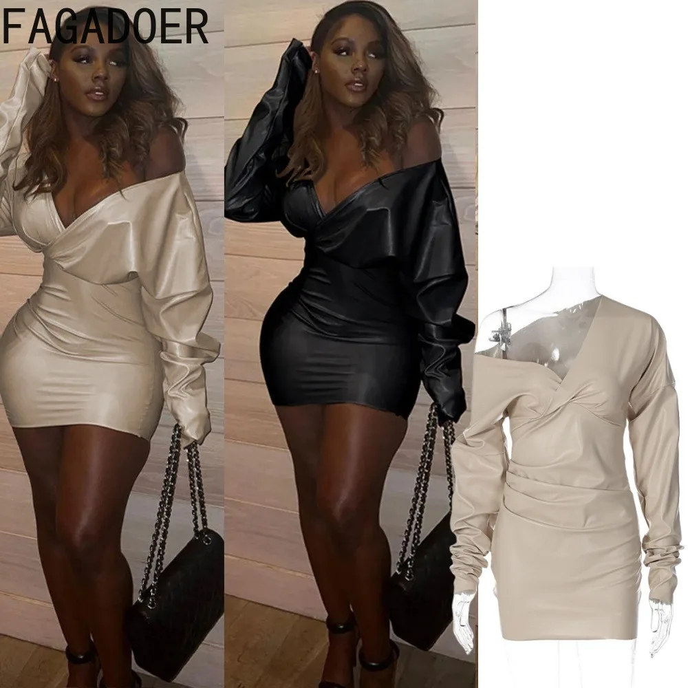 

FAGADOER Sexy Ruched Bodycon Leather Mini Dress Women Elegant One Shoulder Long Sleeve Slim Vestidos Autumn Solid Streetwear