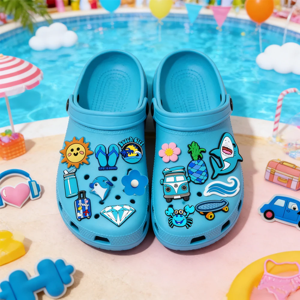 19pcs Cartoon Blue Sea Animals Vacation Style PVC Shoe Accessories Fit With Hole Wristbands Detachable DIY Shoe Decorations Gift