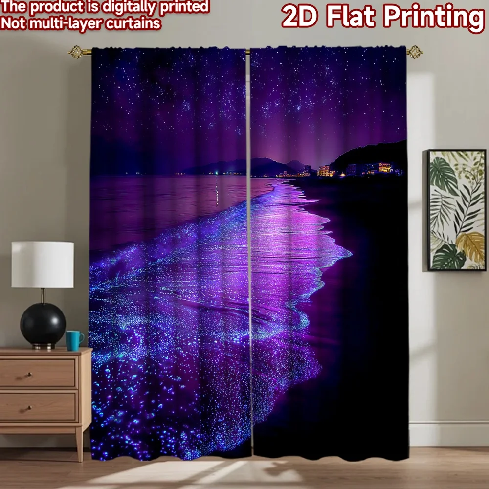 

2D flat printing 2pcs Curtains Bioluminescent Ocean Waves Night Beach Digital Printed Polyester Drapes Festive Wall Decor