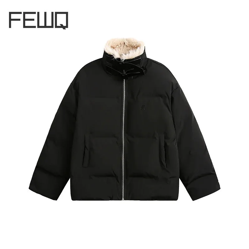 FEWQ Men's Padded Coats Stand Collar Simple Double Buckle Design Fleece Contrast Color Pockets Casual Trendy Male Jacket CPG2198