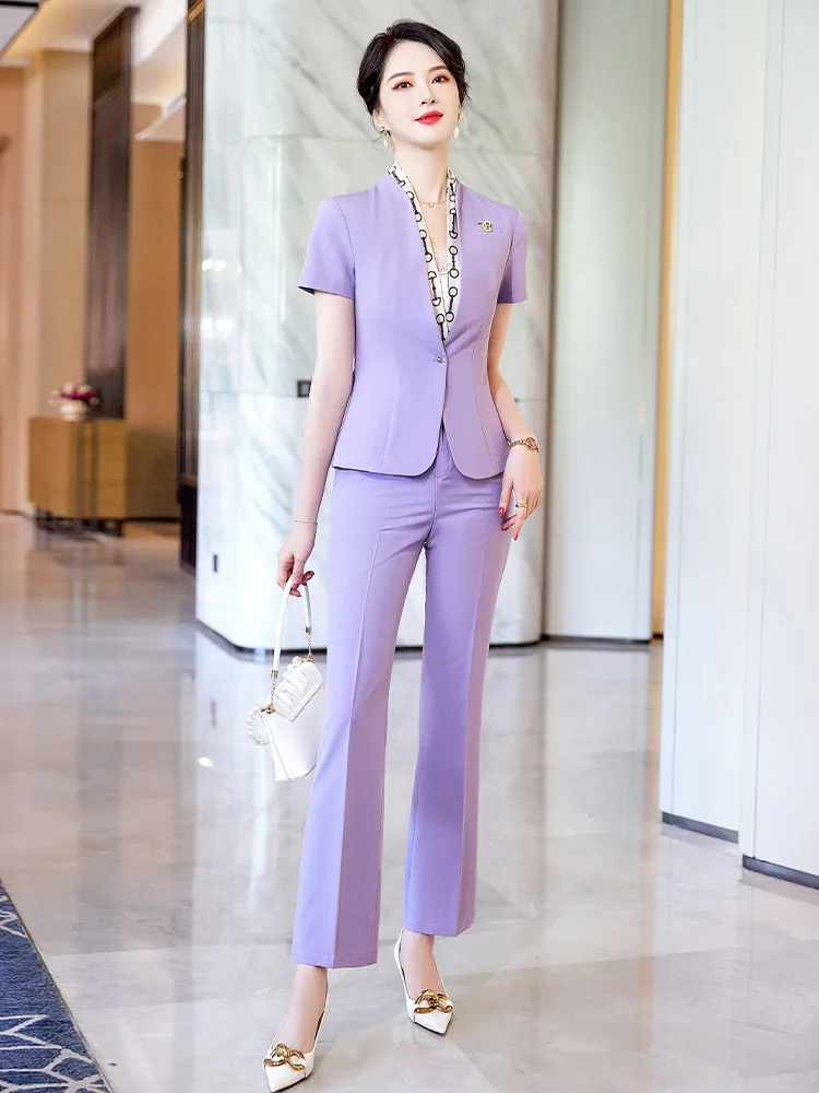 Short Sets Women Summer Thin High End Professional Temperament Fashion Purple Blazer And Pants Office Ladies Work Wear