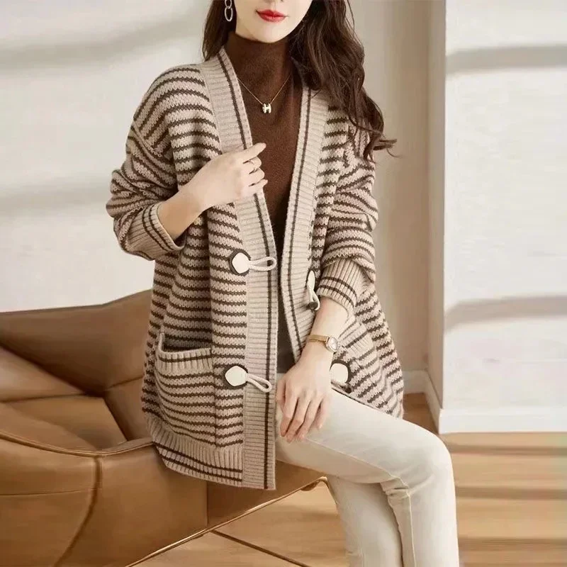 

New versatile striped knitted sweater jacket for women's loose casual cardigan sweater jacket