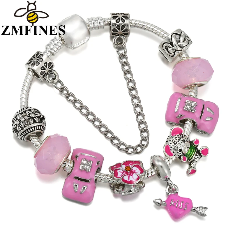 Fashion Pink Charm Bracelet For Women DIY Cute Little Bear Charm Beads Pendants High-Quality Jewelry Accessories Dropshipping