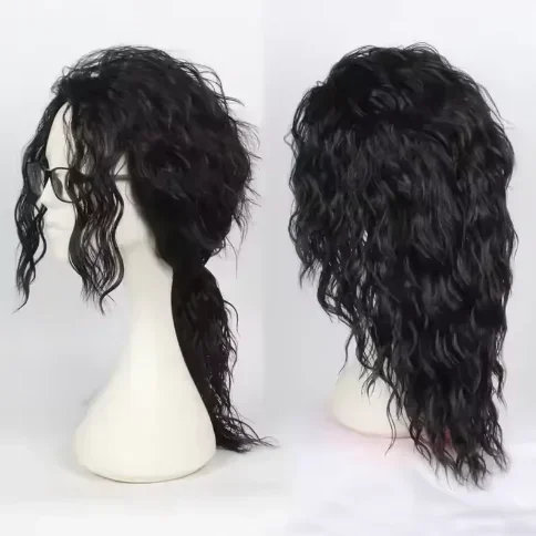 Men Retro 80s Punk Black Mullet Curly Synthetic Wig Side Ponytail Long Wild Hair Halloween Cosplay Rock Star Party Costume Wig view 6