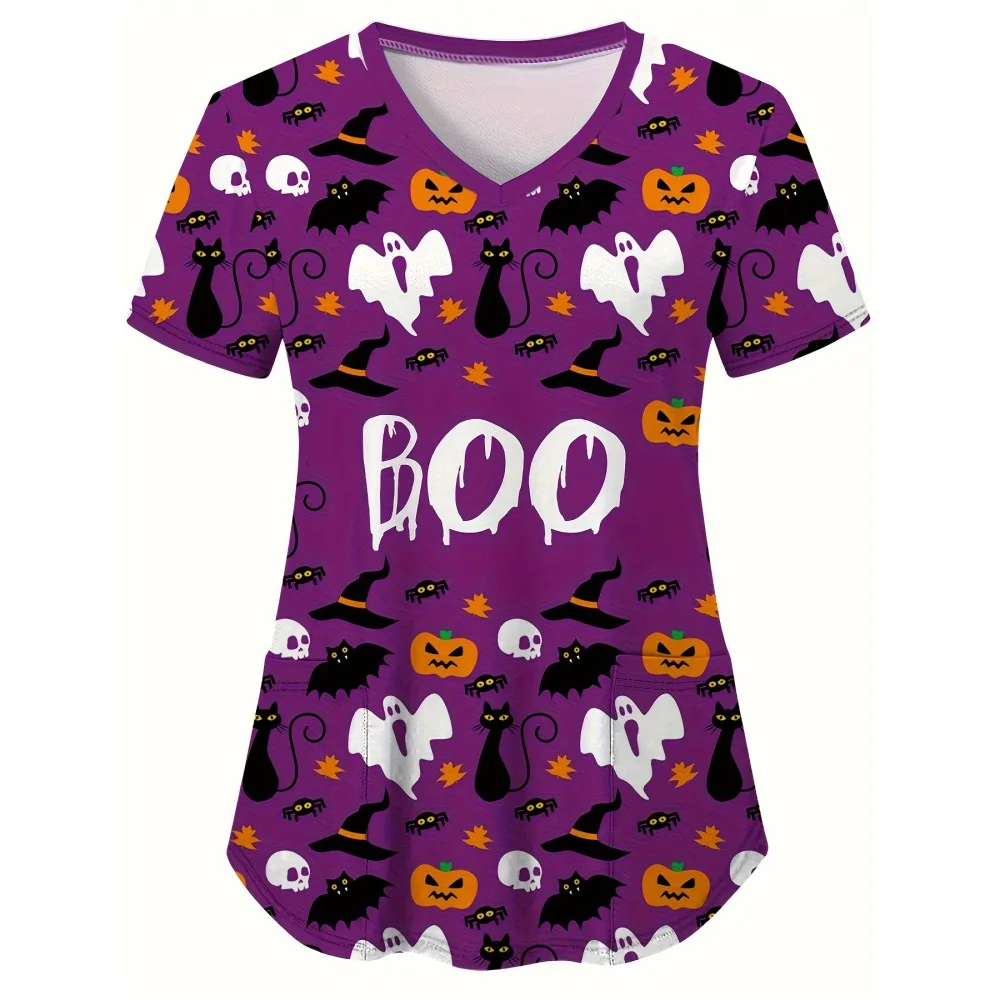 Haut d'Halloween à manches courtes et col en V, joli style uniforme d'infirmière imprimé citrouille avec poches plaquées, chemise décontractée confortable pour femmes