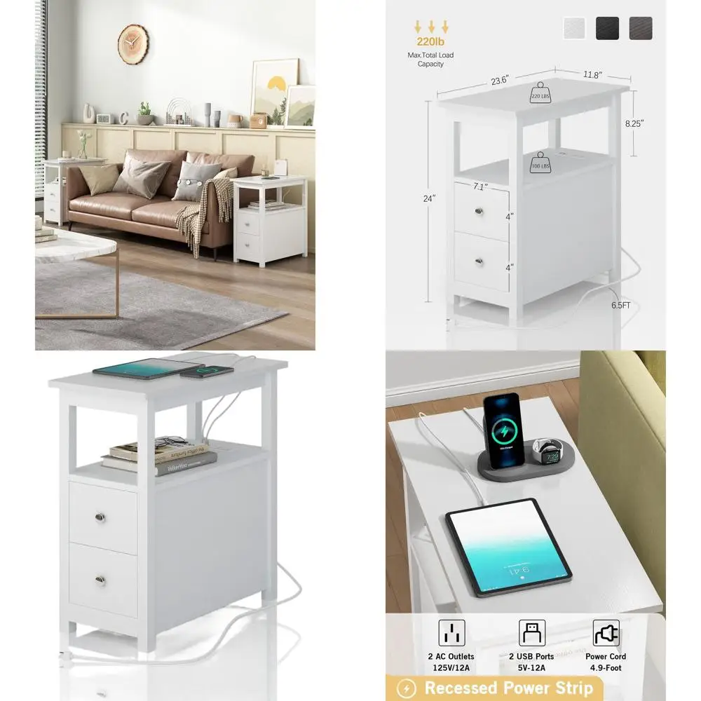 

White Living Room Bedside Table with 2 Drawers, USB Ports, and Power Outlets for Small Spaces