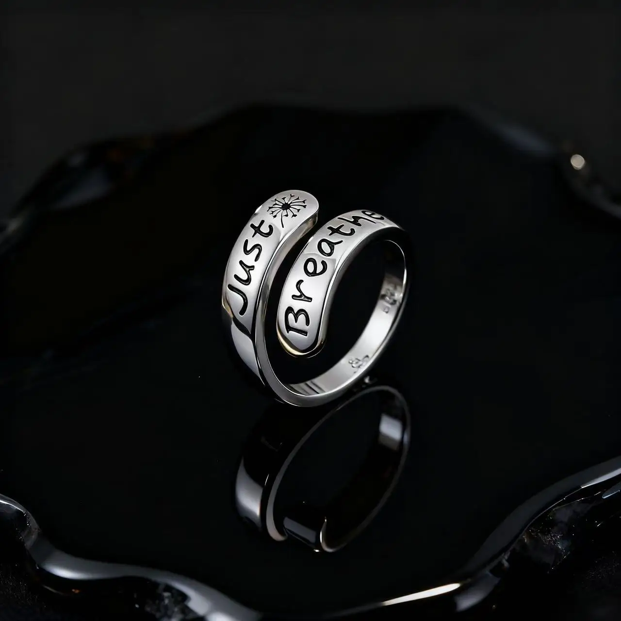 

Retro S925 Silver Ring with Dandelion Letter Open Spoon Adjustable Unisex Daily Wear Accessory Friendship Gift for Men And Women