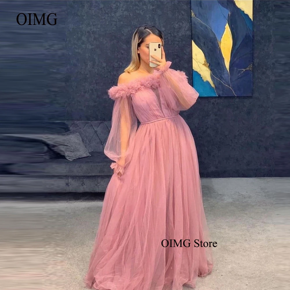 

OIMG Dusty Pink Tulle Plus Size Evening Dresses Off the Shoulder Ruffles Floor Length Arabic Women Formal Party Prom Gowns