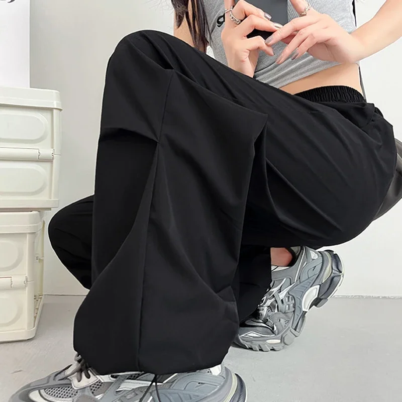 2025 ストリートルーズストレートパンツ女性の夏薄型速乾性カーゴパンツ女性弾性ウエストレースアップパラシュートズボン