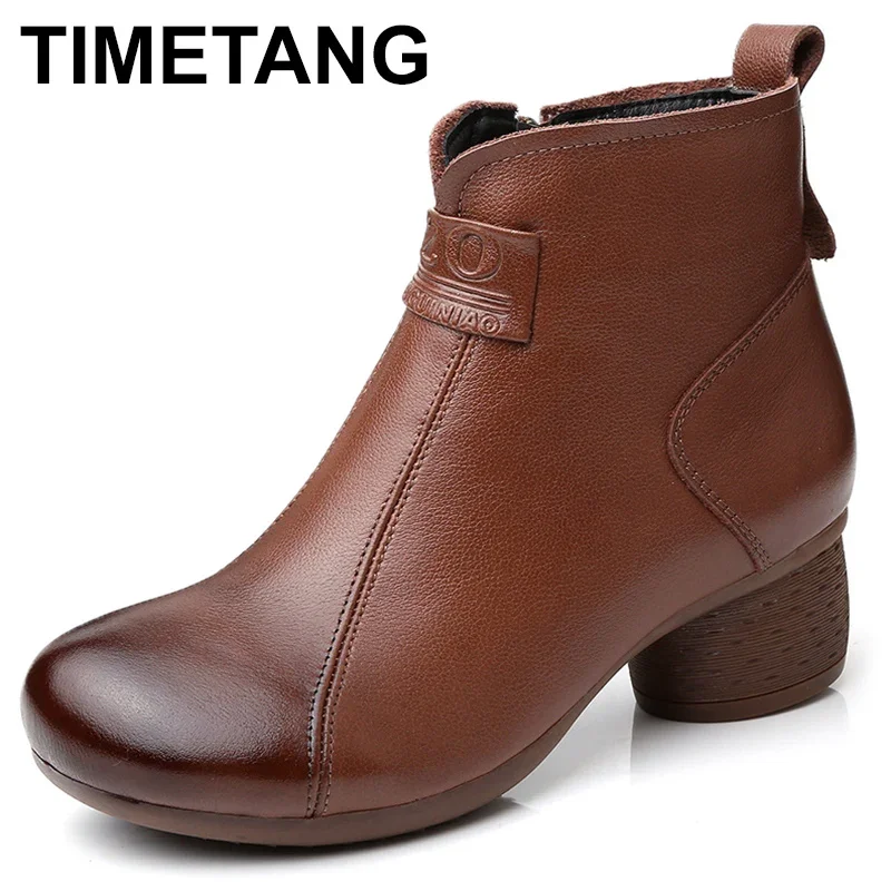

New Handmade Women Boots Retro Genuine Leather Ankle Boots For Women Winter Warm Shoes Round Toe Thick Heel Boots Female
