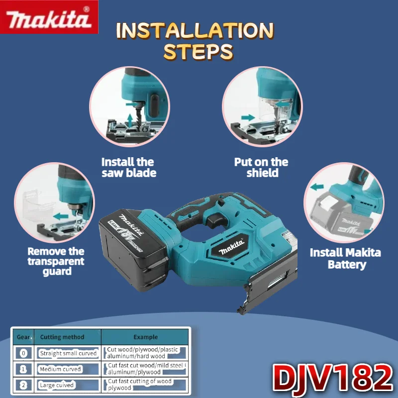 마키타 DJV182 무선 배럴 핸들 직소 브러시리스 340W 직소 전기톱 목재/플라스틱/금속 절단 공구용