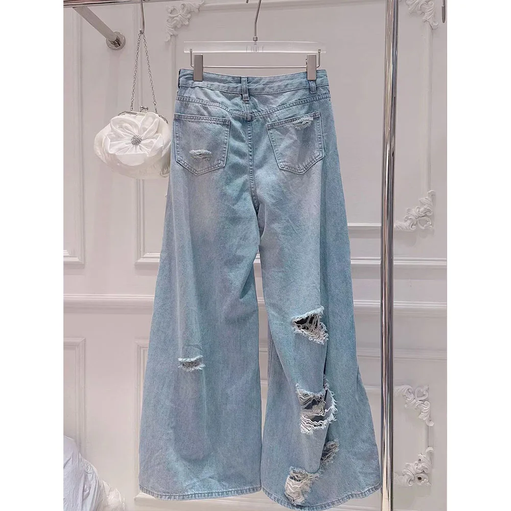 素敵なジーンズ女性の 2025 夏の新甘いハイストリートロングデニムパンツダイヤモンドラインストーン弓穴デザインストレートデニムパンツ