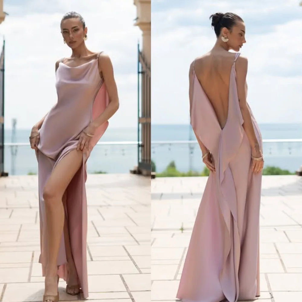 

High Quality Customized Sleeveless Floor Length Pink Wedding Party Backless Thin Suspenders High Fork Dresses for Women Party