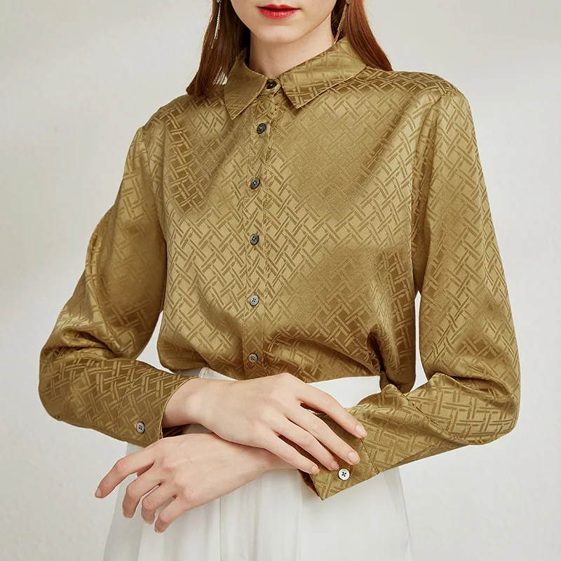 Mulberry Silk Shirt for Women, Elegant OL Jacquard Plaid Shirt, Turn-down Collar, Single Breasted Tops, 100% Mulberry Silk