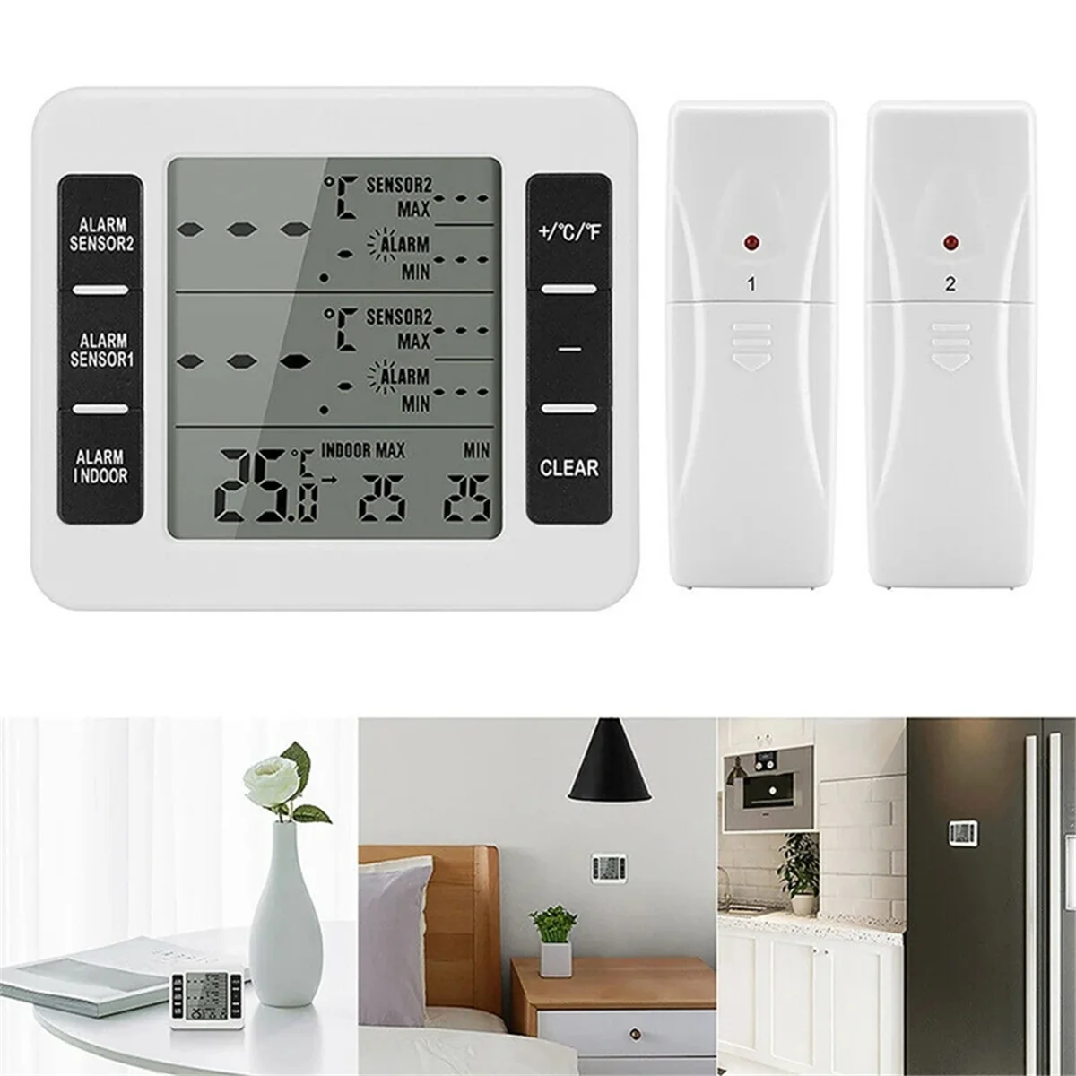 1Set Wireless Freezer Thermometer 2 Remote Sensors Alarm Low Temperature Refrigerator Thermometer Clock