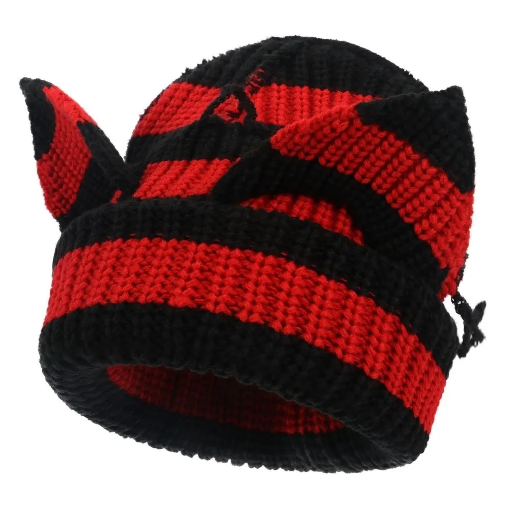 Gifts Yarn Cat Ear Beanie Stretchable Knit Y2K Harajuku Knitted Beanie Hat Punk Gothic Striped Beanie Casual Streetwear