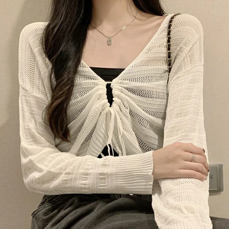 Gidyq Pink Hollow Out Cardigan Women Sweet Kawaii Slim Ladies Shirt Solid All Match Drawstring V Neck Female Top Summer New