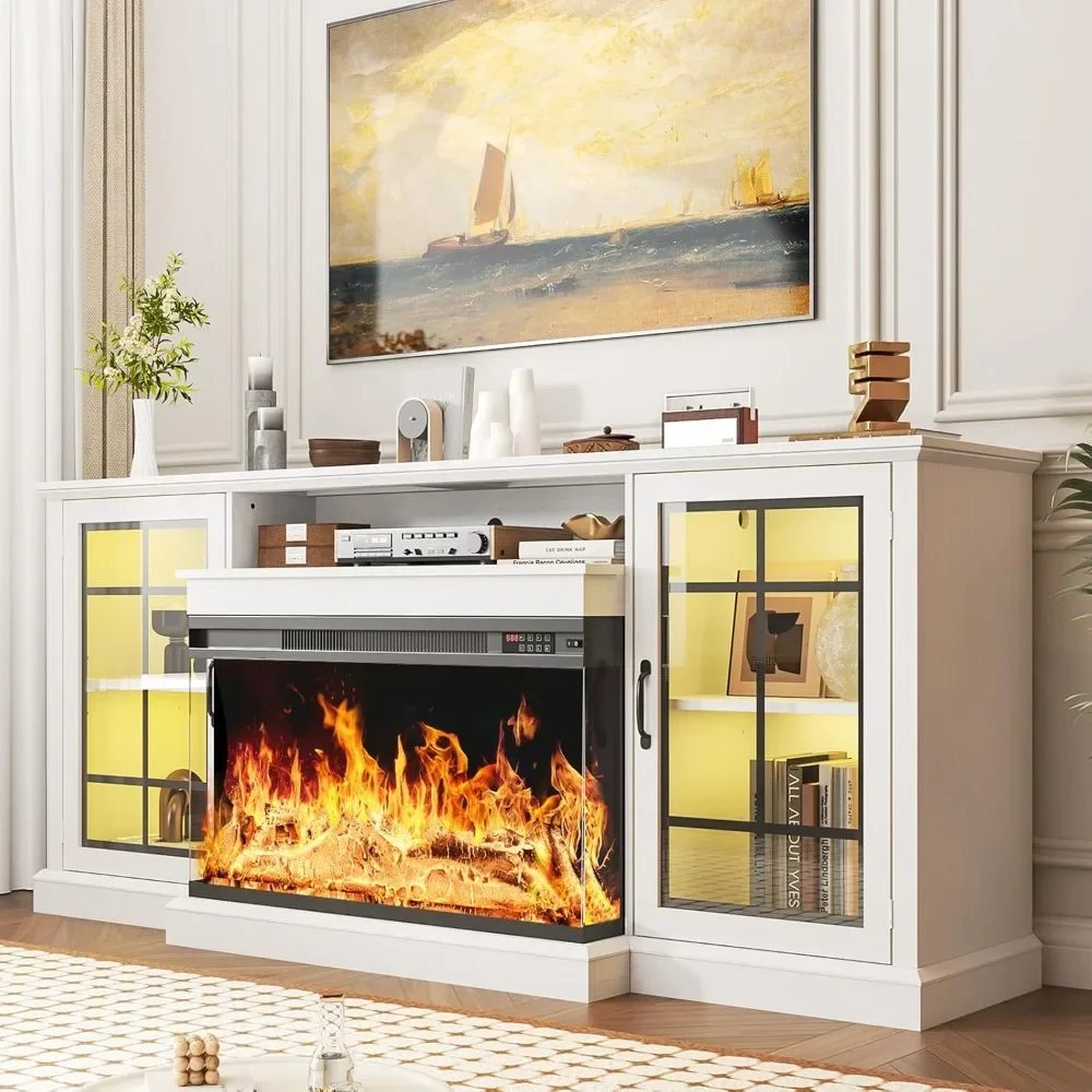 

Fireplace TV Stand with 3-Sided Glass, TV Cabinet for TVs up to 85", 80''Media with Farmhouse Glass Door Storage Cabinets