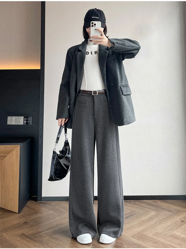 

Herringbone wool wide leg pants women's winter plush narrow version straight tube high waist fashion cashmere pants
